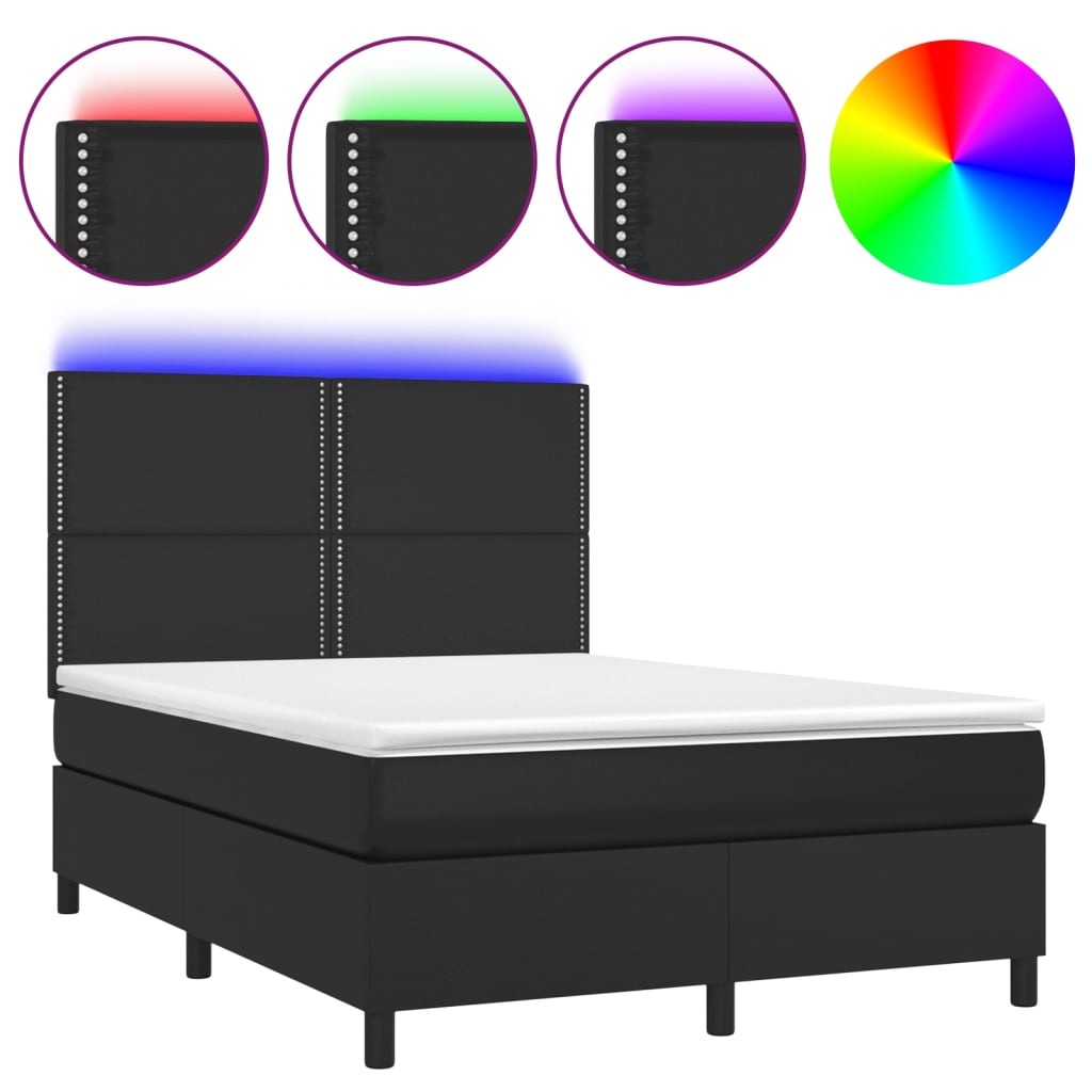 Box Spring Bed with Mattress & LED Black 140 x 190 cm Faux Leather