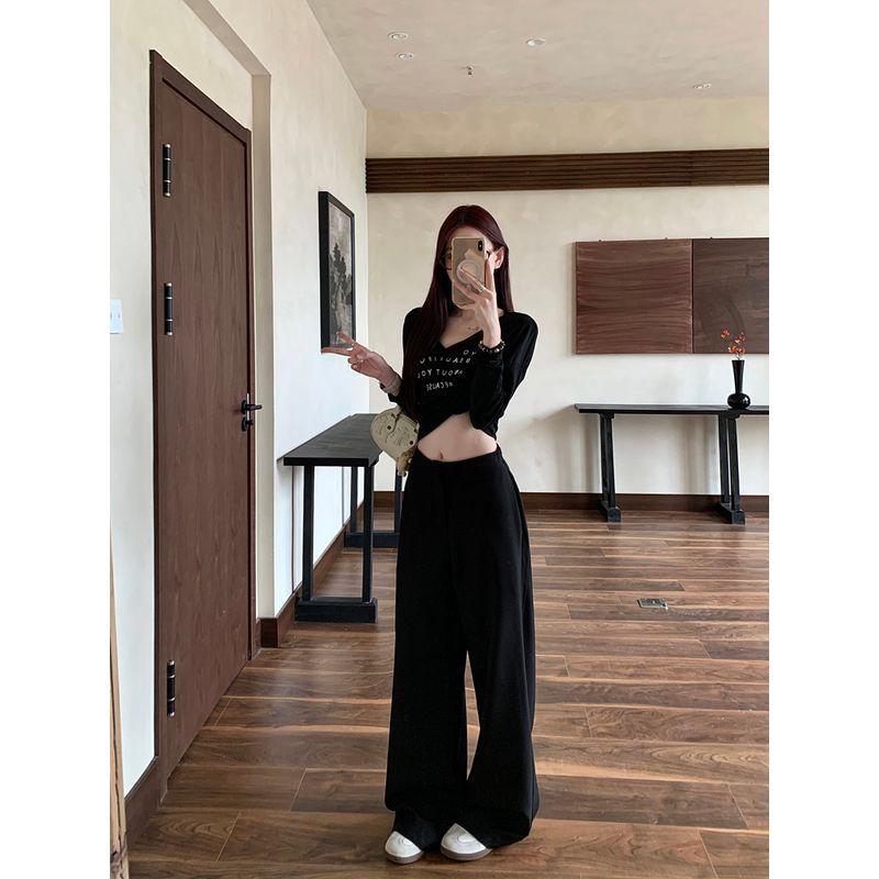 Kumikumi Pure Color High Waist Loose Casual Pants Loose Pants Women's Clothing Fall Drape All-Matching Straight Pants Mop Pants