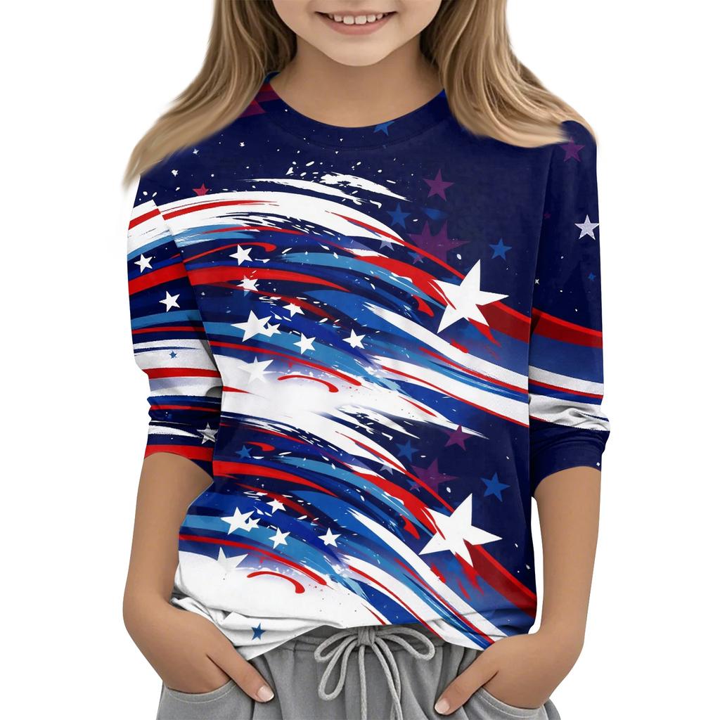 T-shirt décontracté pour enfant avec imprimé Jour de l'Indépendance, col rond, manches trois quarts