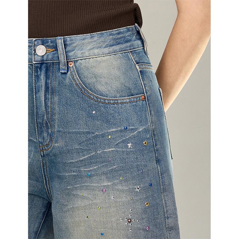 INMAN Women's Rhinestone Washed Denim Shorts