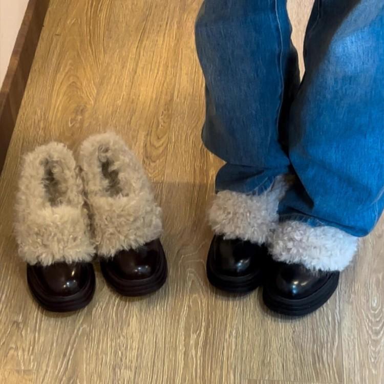 Lederversion~ Wasserdichte Tisch-High Heels Retro flauschige Schuhe Damen Dicksohlige Ein-Pedal Samt Warme Baumwollstiefel Kleine Lederschuhe