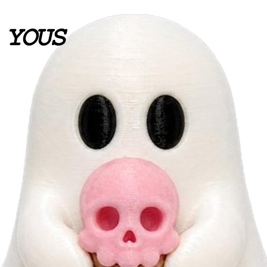 Skull Ice Cream Decor Halloween Mini Ghost Decorative Figurine, 3D Printed White Statue with Small Gothic Home Accents Pink Cream, Cute Desktop