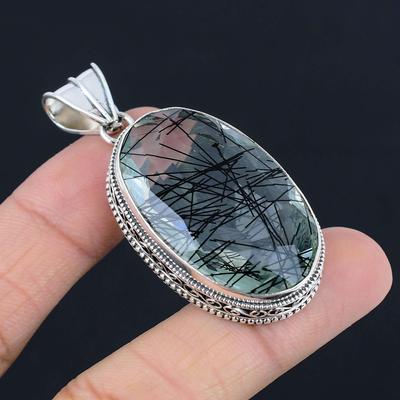 Μενταγιόν με Μαύρο Ρουτίλιο πολύτιμο λίθο Μασίφ Ασήμι Στερλίνα 925 Μενταγιόν Κοσμήματα Δώρο Για Unisex