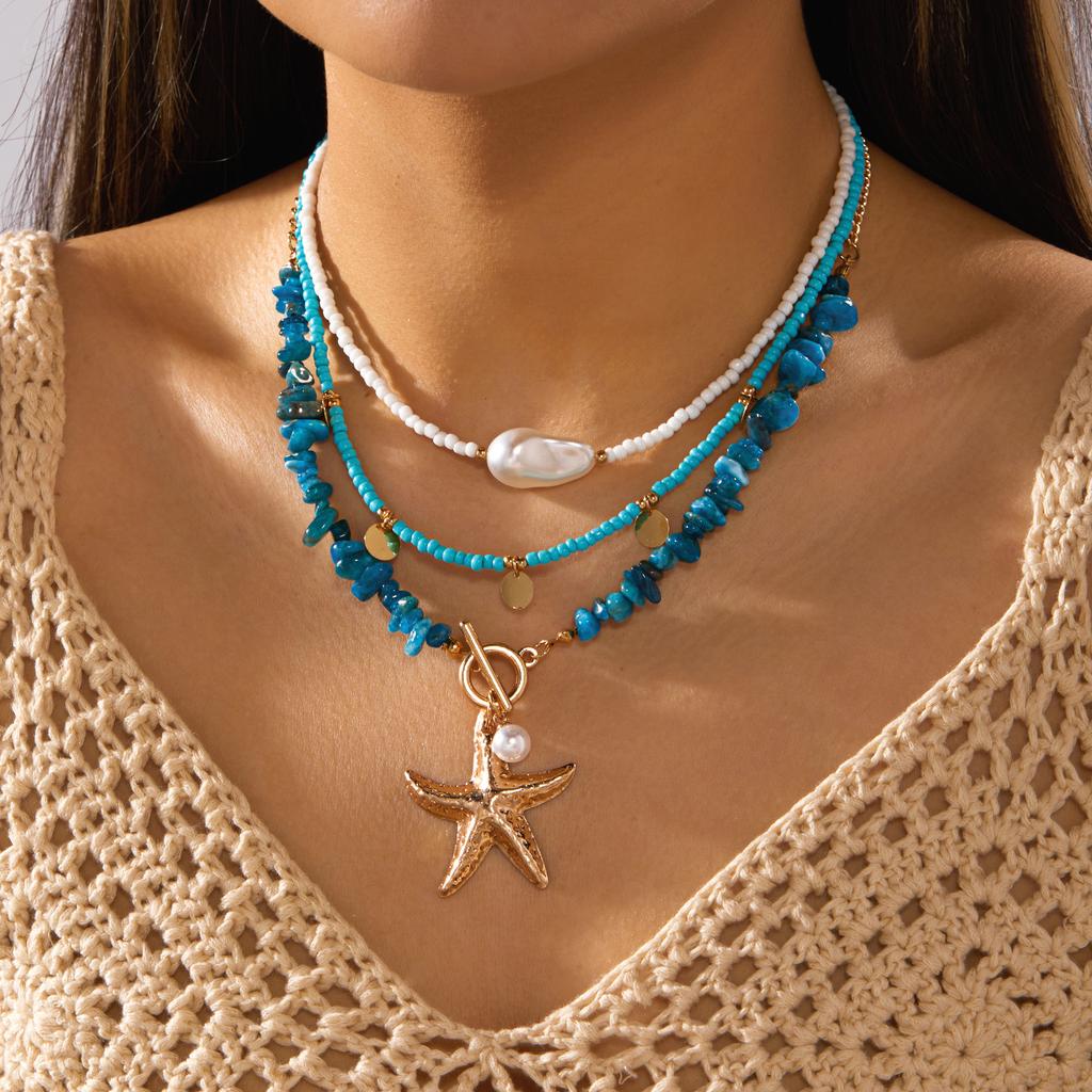 Bohemain Vintage Shell Starfish Turtle Multilayer Necklace for Women Ethnic Handmade Blue Beaded Necklaces Summer Beach Jewelry
