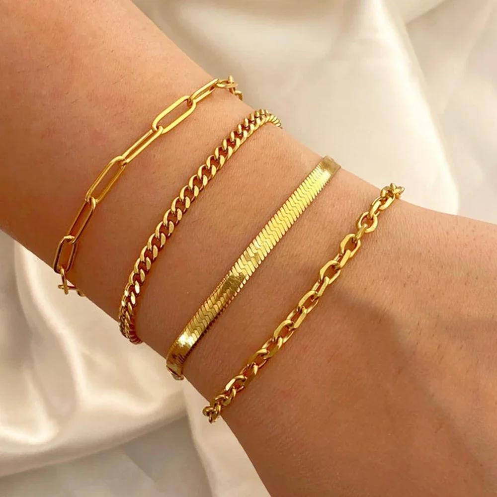 Fashionable 2025 Women's Jewelry Gift Set - 4 Pcs New Trendy Classic Golden Twist Cuban Snake Chain Bracelets