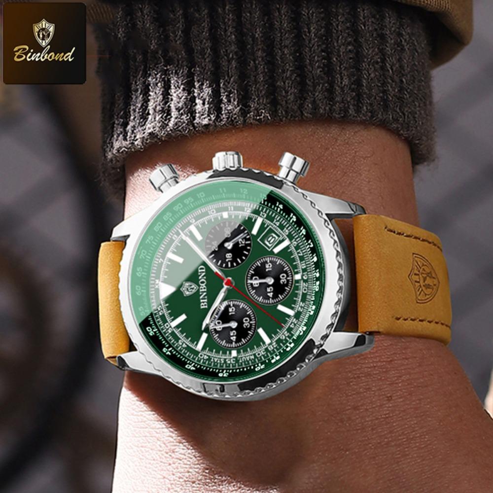 BINBOND Top Brand Man Quartz Watch Waterproof Luminous Date Chronograph Leather Wristwatch Military Sports Luxury Men's Watches
