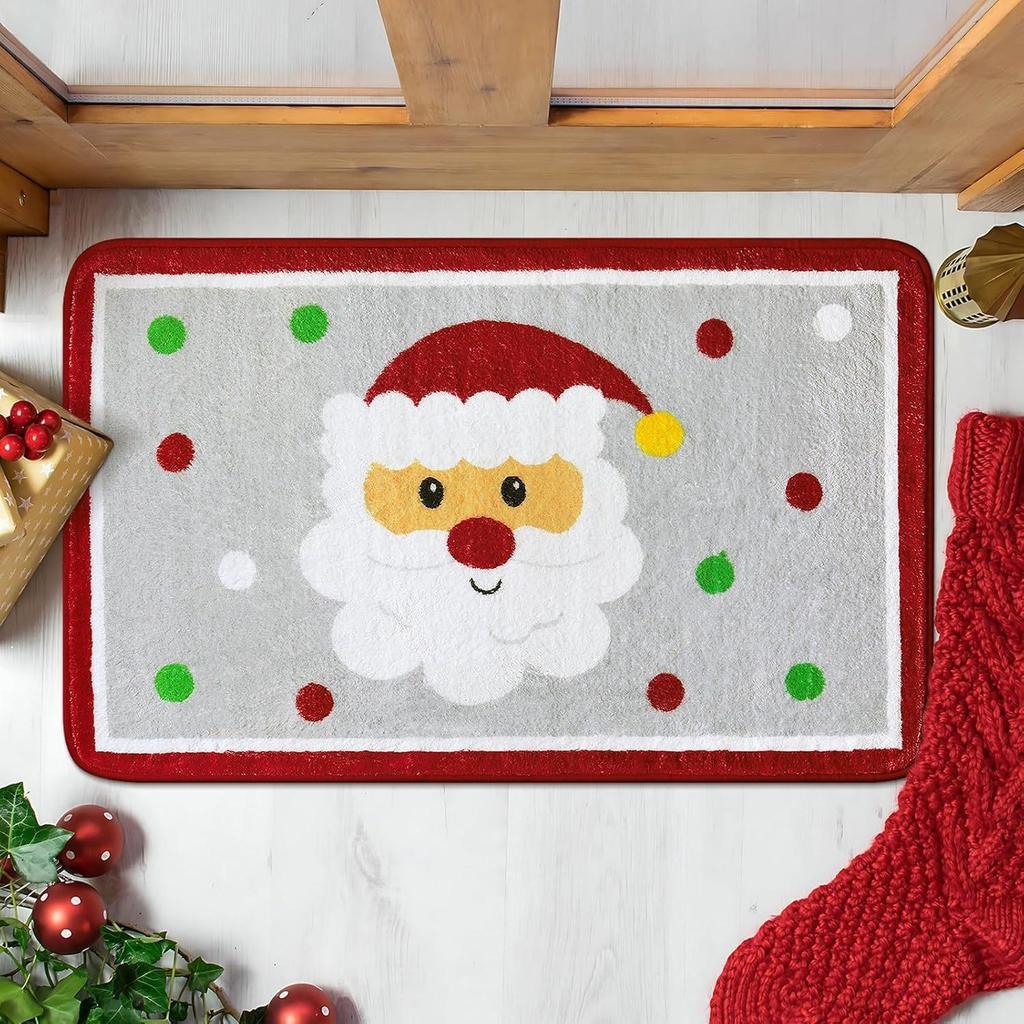 Red Christmas Print Faux Cashmere Bath Mat - Non-Slip Shower Rug & Festive Entryway Doormat