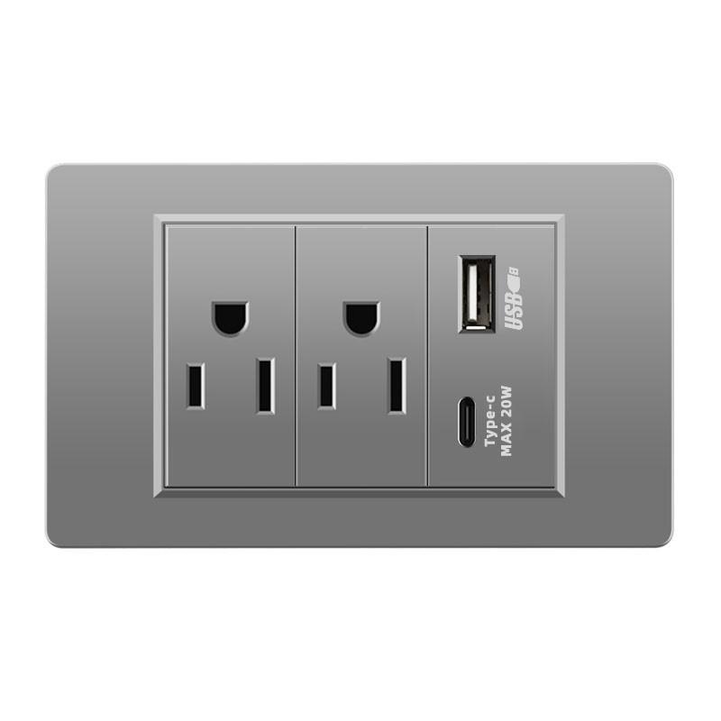118 Type Switch Six-Hole Gray Wall Socket with Type-C 20W, Thai Style & PC Panel, Taiwan Socket