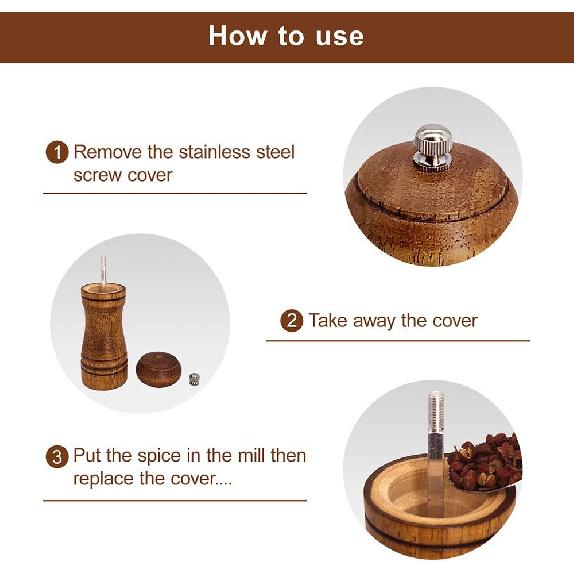 Wooden Pepper Mill, Ceramic Burr Adjustable Coarseness Pepper Grinder, Durable Manual Spice Pepper Mills Easily Refillable and Great Use, 5 Inch