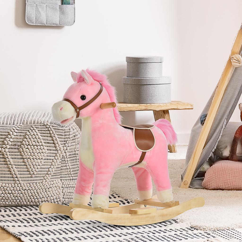 Kinder Schaukelpferd Baby Schaukeltier Pferd mit Tiergeräuschen Spielzeuggriffe für 36-72 Monate Plüsch Rosa 65 x 32,5 x 61 cm