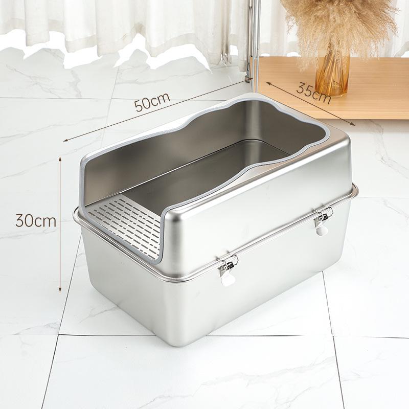 Stainless Steel Extra Large Enclosed Cat Litter Box - Odor & Splash Proof Includes Stainless Steel Scooper and Non-Slip Pads