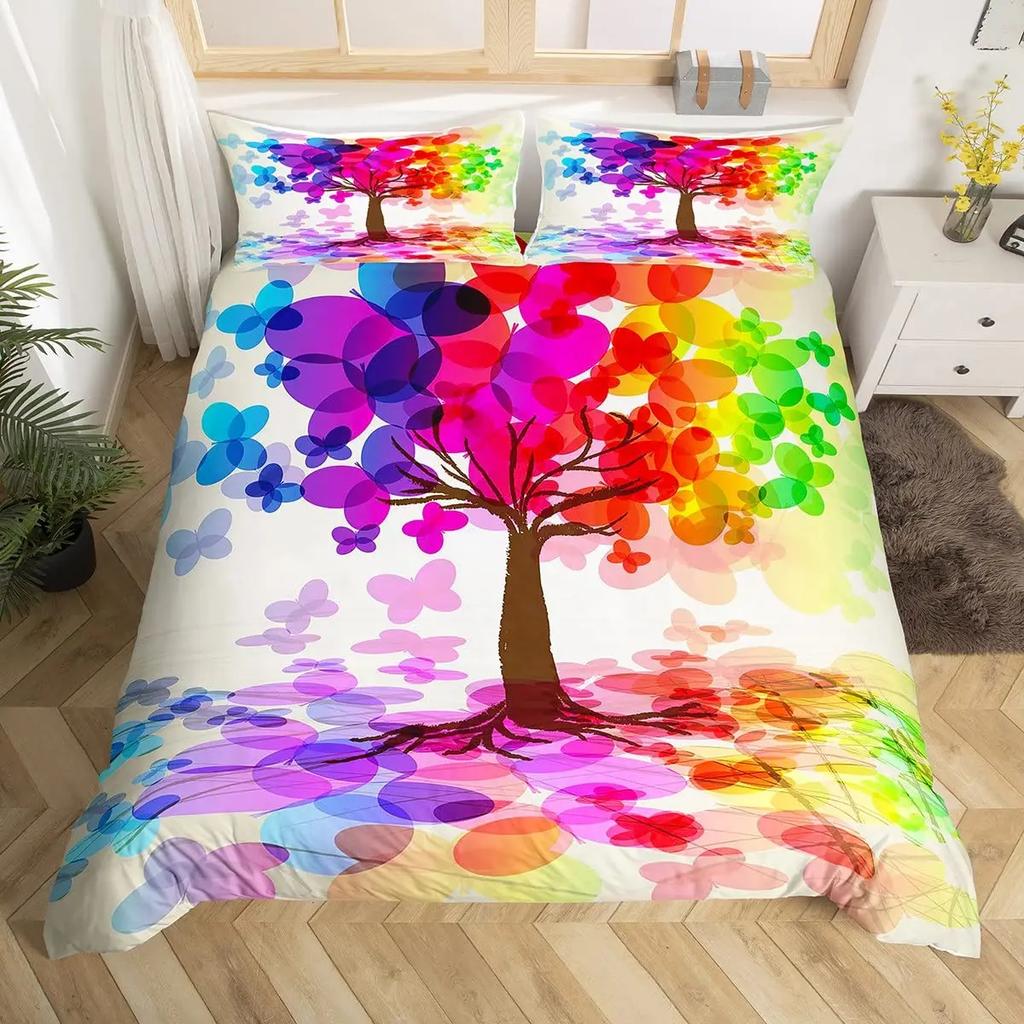 Flying Butterflies Duvet Cover Set Iridescent Butterfly Tree of Life Bedding Sets,Autumn Maple Leaf Comforter Cover Quilt Cover