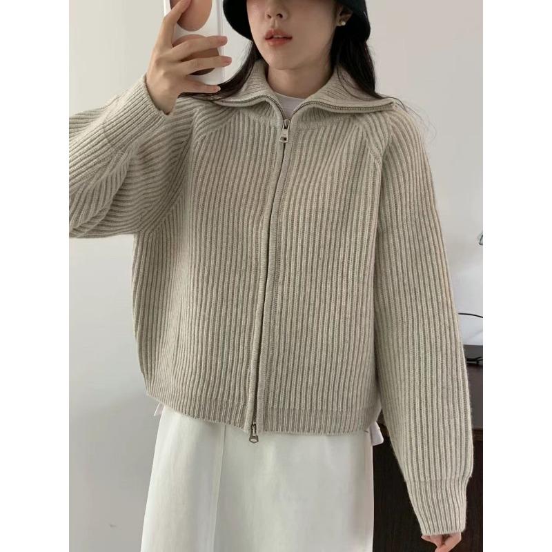 Retro zipper knitted cardigan women's autumn and winter new loose casual lazy wind lapel sweater jacket