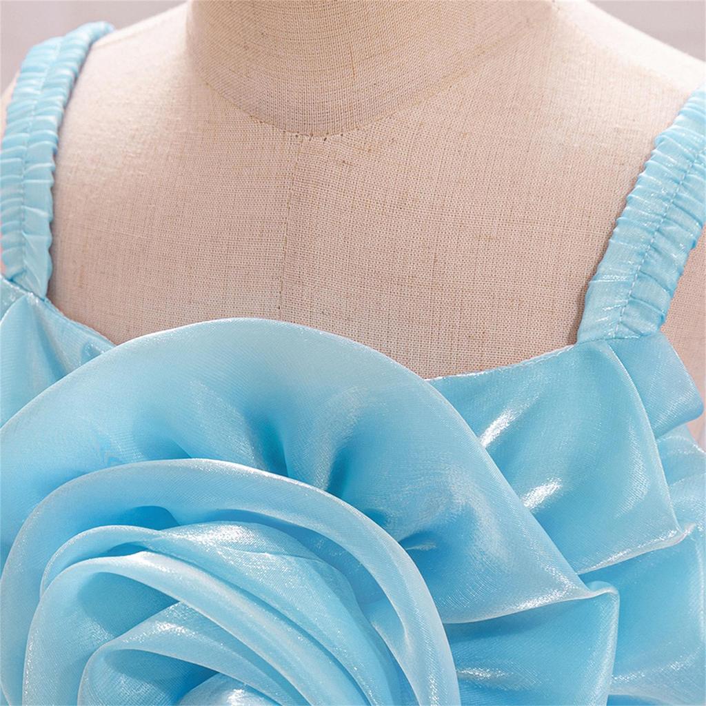 Toddler Princess Dress with 3D Rose Flowers and Shiny Satin Puff Sleeves