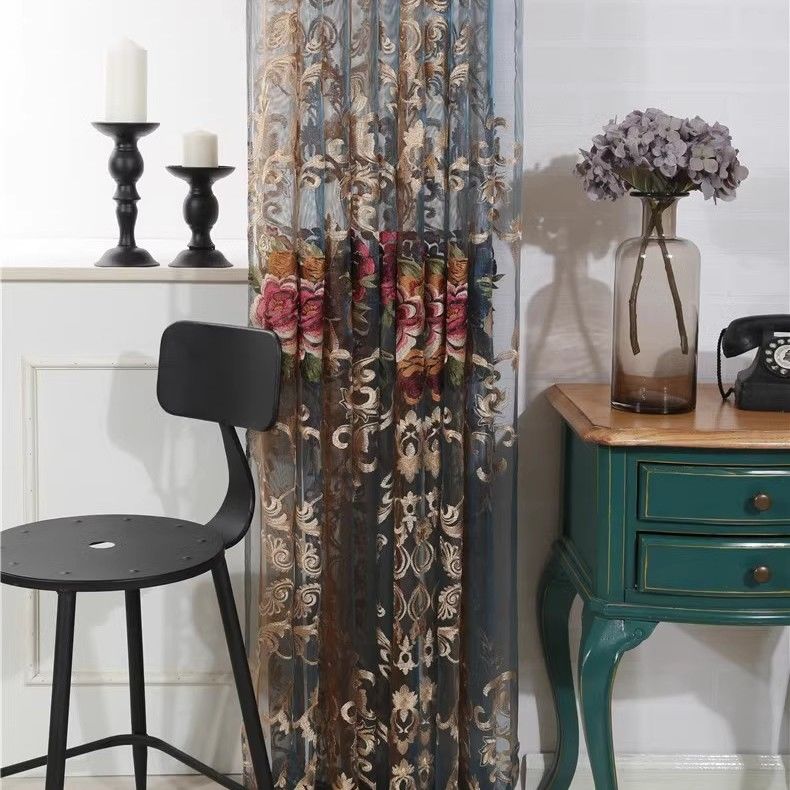 Elegant Floral Sheer Curtains | Vintage Style Translucent Polyester Drapes with Golden Accents | for Living Room or Bedroom