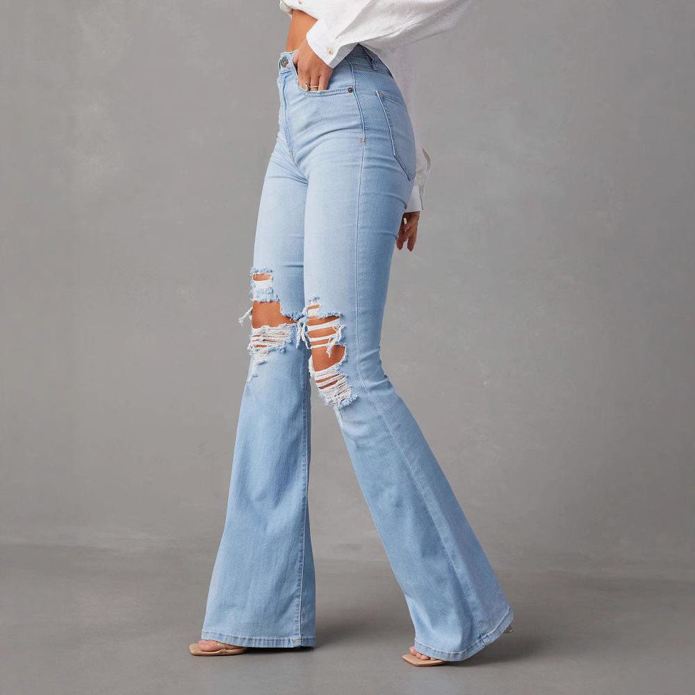 Jeans Blu Micro-svaso Retro Americano-Europeo a Vita Alta Strappati da Donna 2026