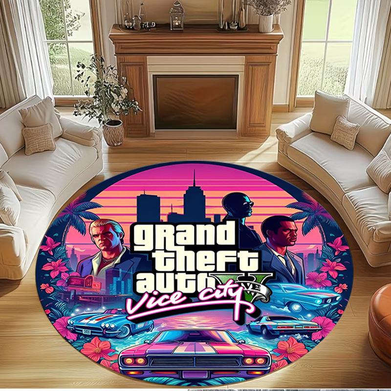 Grand Theft Auto VI Print Round Rug, Washable Floor Carpet, For Entryway Dorm Laundry Room Office Study, Home Decor Birthday Christmas Gift