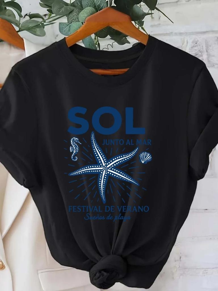 2025 Donna SOL JUNTO AL MAR T-shirt Grafica Blu Stella Marina Creature Marine Stampa Casual Girocollo Manica Estetica Abbigliamento