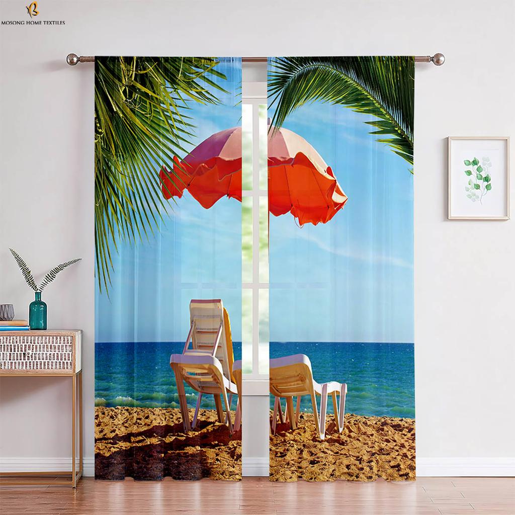Set Of 2 Window Curtains Seaside Scenery Coconut Tree Printing Bedroom Living Room Kitchen Decorative Curtain Polyester Perfect For Sitting