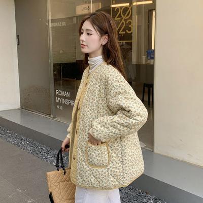 Abrigos de Algodón Amarillos Vintage para Mujer Invierno Moda Estampado Floral Sueltos Forro Polar Acolchados Chaquetas Coreanas de Una Sola Hilera Abrigo Cálido