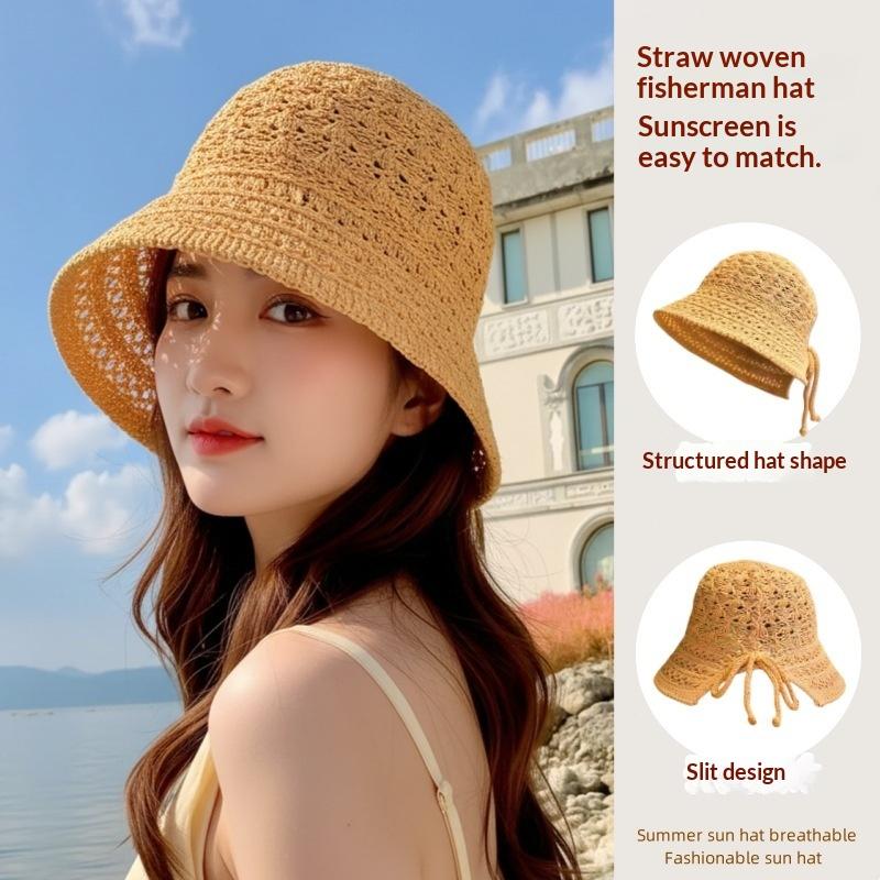 Summer Essential Striped Basin Hat with Knitted Hollow Out Design Foldable for Beach Sunshade
