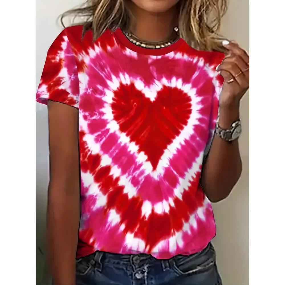 Women's Valentine's Day Heart-shaped Printed T-shirt Round Neck Short Sleeved Shirt