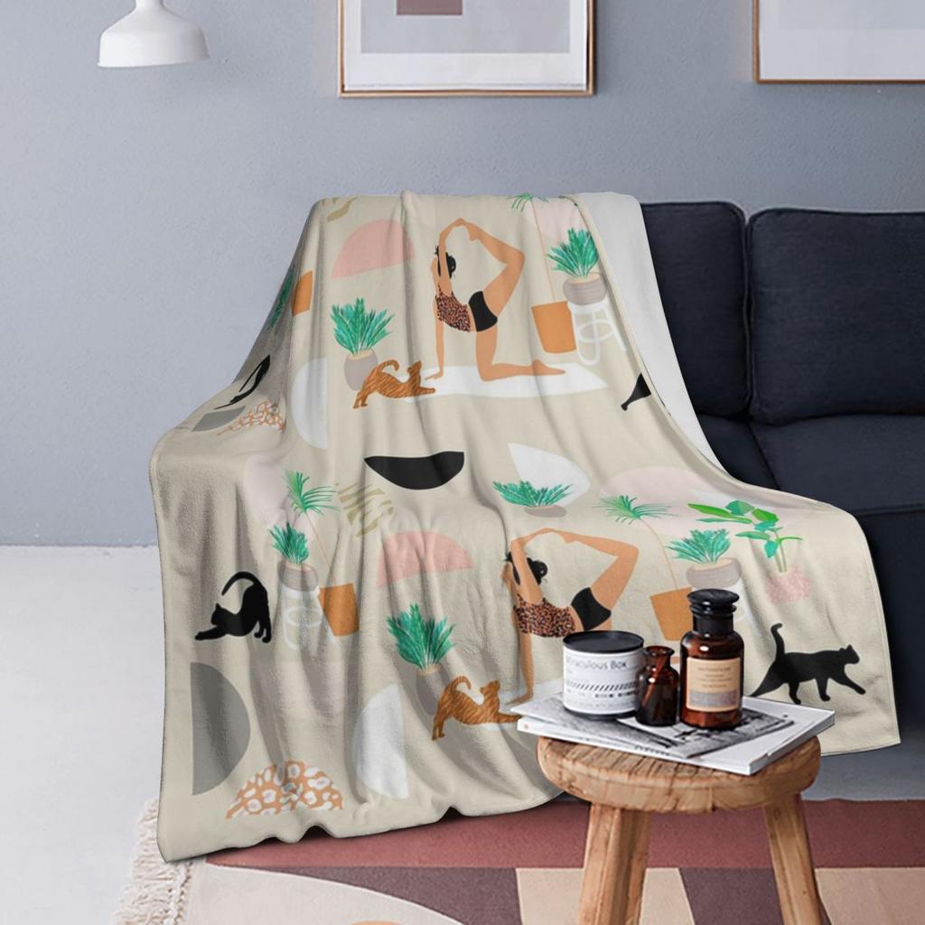Mid Century Modern Yoga Pattern With Cats Blankets Soft Warm Flannel Throw Blanket Plush for Bed Living room Picnic Travel Home