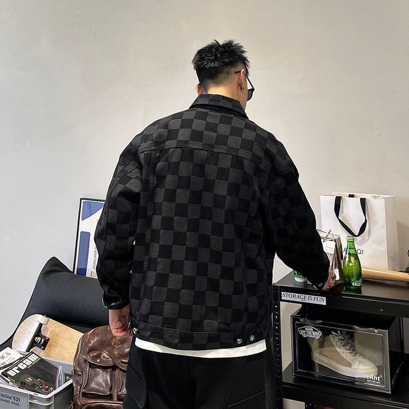 Spring and Autumn Checkerboard Denim Jacket Men's Retro Versatile Casual Jacket Loose Lapel Trendy Men's Handsome Top