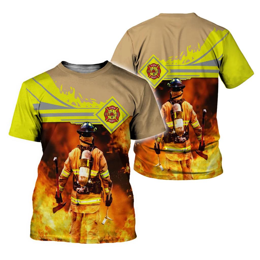 Summer Round Neck 3D Firefighter Print Top Fashionable Casual Short Sleeved Men's T-shirts