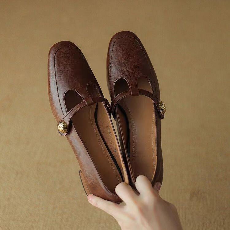 French retro Mary Jane women's shoes spring and autumn 2024 new brown T-word with thick heel single shoes medium heel small leather shoes