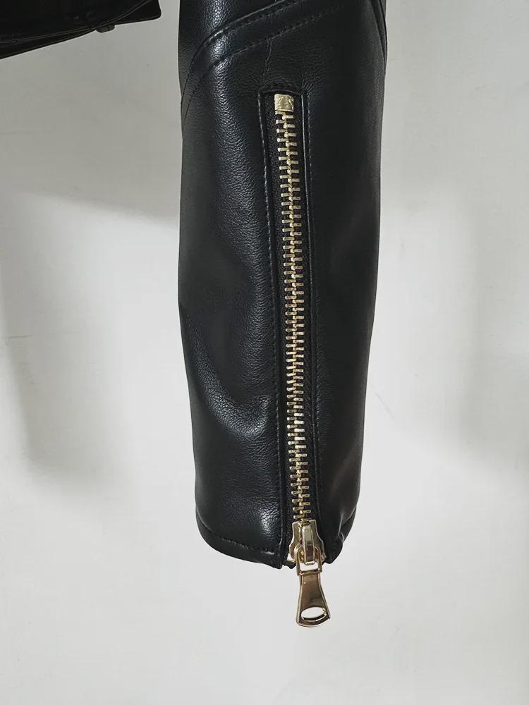 In Stock: Spring 2025 Celebrity Fashion Padded Shoulder Double-Breasted Short Motorcycle Leather Jacket