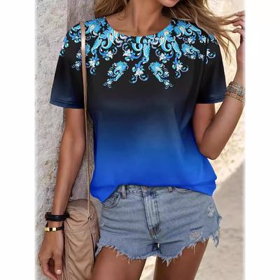 Summer Round Neck 3D Floral Gradient Printed Top Fashionable Casual Short Sleeved Women's T-shirts