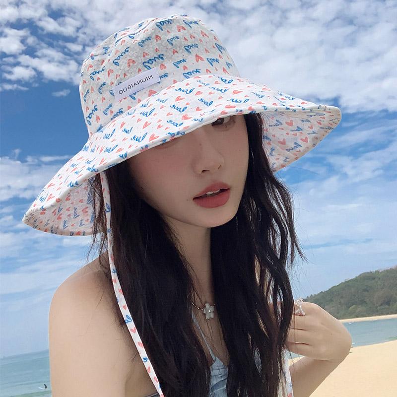Spring and Summer Love Love Big Brim Bucket Hat Women's Seaside Vacation Travel Sunscreen Sunshade Sun Hat Basin Hat