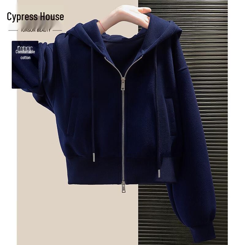 Women s Hooded Solid Color Short Sweatshirt Jacket One Size