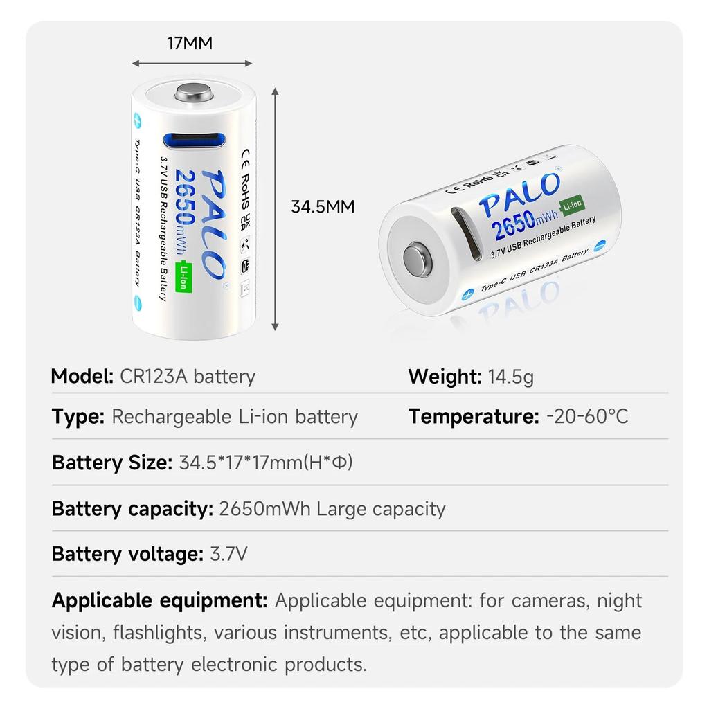 PALO Rechargeable Lithium 16340/16350 USB Battery 3.7V CR123A Batteries 2650mAh+USB Charging Cable