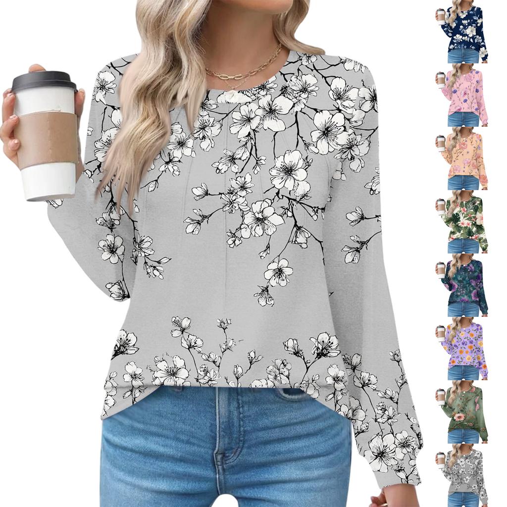 Women's Fashionable Casual Floral Retro Print Pleated Comfortable Round Neck Loose Long Sleeve T-shirt Top