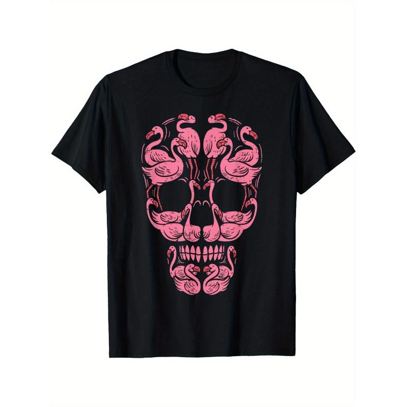 

European sizes Pink Flamingo Skull Breast Cancer Awareness Halloween Men s Crew Neck Shirt Summer Comfortable Casual Short Sleeve T-Shirt 4XL чорний