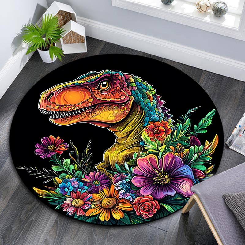 Colorful Dinosaur Round Area Rug,Carpet Rug for Living Room Bedroom Sofa Playroom Decor,Non-slip Floor Mat