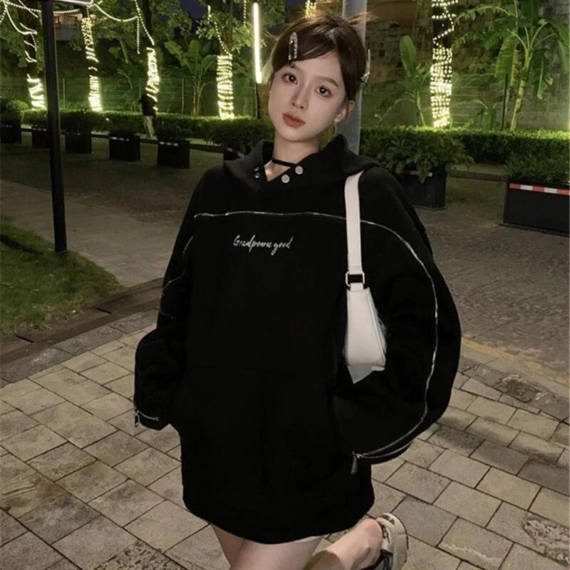 Women's Long-Sleeved Pullover Hooded Sweatshirt Autumn Winter Clothing 2023 American Loose Fashion Hoodles Zipper Embroidered