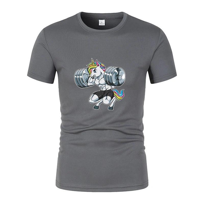 Fun Gym Unicorn Weightlifting Fitness Bodybuilding Printed Round Neck T-Shirt Summer Breathable Quick-Dryingcasual Short Sleeves