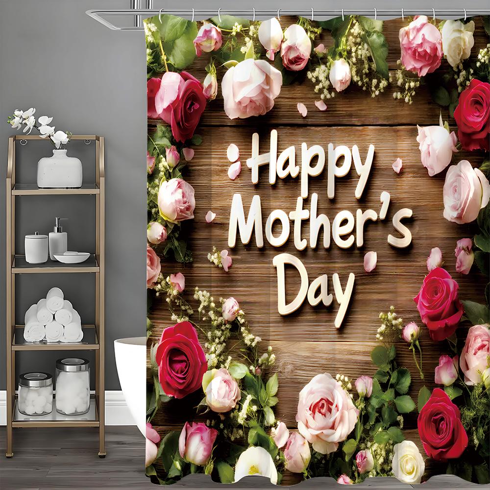 

Happy Mother s Day Rosebud Flower Wood Panel Shower Curtain, Bathroom Decorative Shower Curtain, Waterproof Shower Curtain with 90*180cm