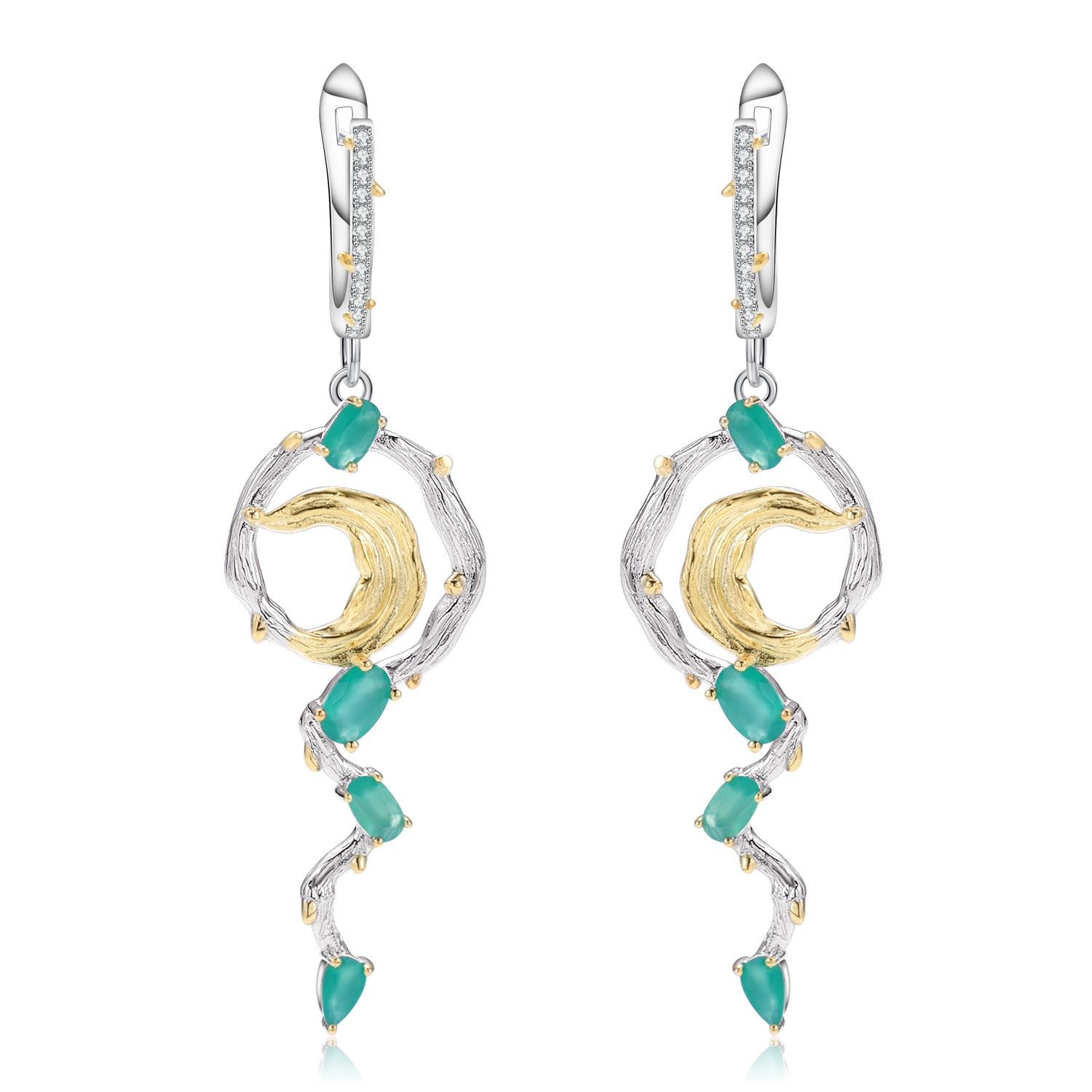 

Оригинальные дизайнерские серьги с зеленым агатом, серьги-сокровища из стерлингового серебра 925 пробы натурального цвета в естественном стиле