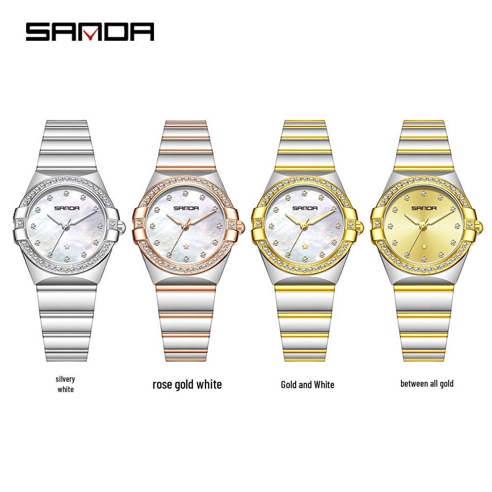 SANDA Dames Luminous Kwarts Horloge: Stalen Band, Bez Diamonds, Waterdicht, met Sunray Parelmoer Wijzerplaat.