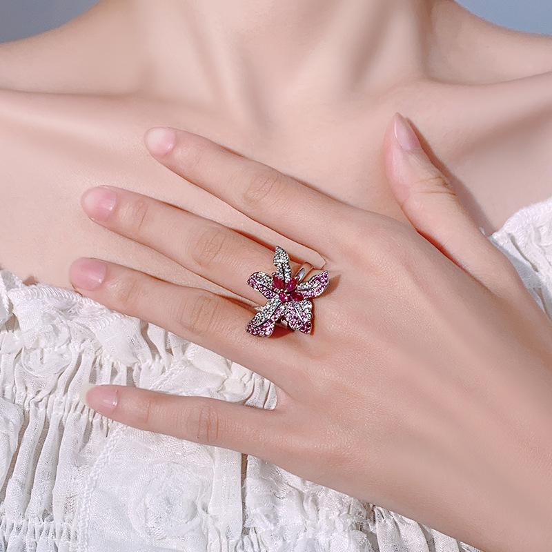 Ring Jewelry Light Luxury New Flower Design Inlaid Open Ruby Women's Fashion