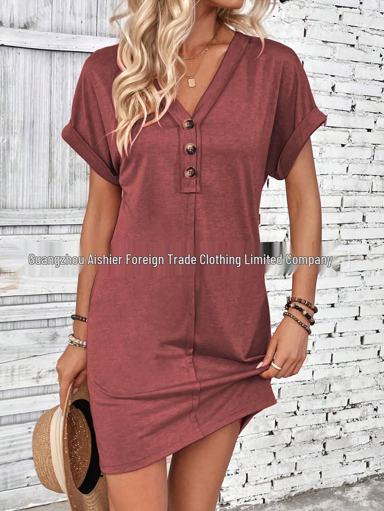 2026 European & American Summer Women s V-Neck Buckle Raglan Roll Sleeve Solid Dress Extra Large кирпич красный