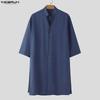 INCERUN Summer Men Stand V Neck Short Sleeve Splits Casual Long Shirts