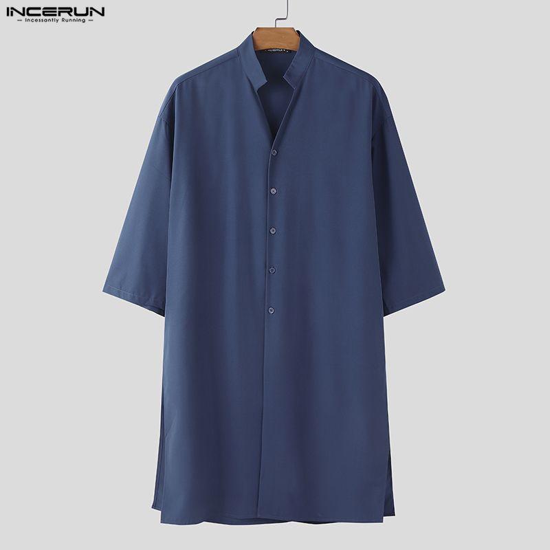 INCERUN Summer Men Stand V Neck Short Sleeve Splits Casual Long Shirts