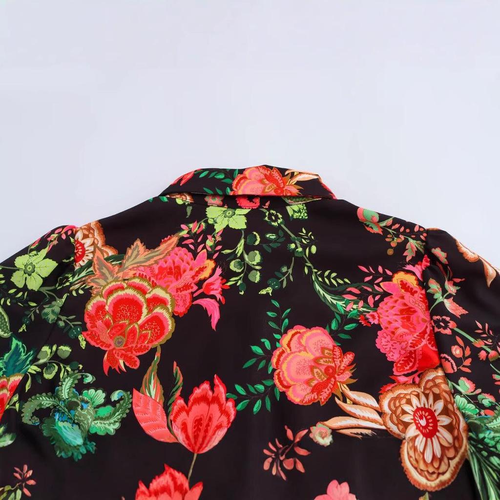 2025 Spring Women's Casual European & American Style Print Tie-Waist Long Dress