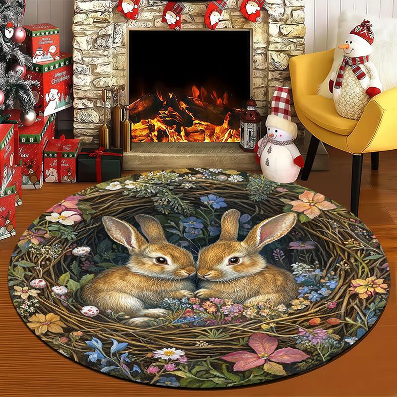 1Pcs Rabbit Floral Round Rug Non-Slip Machine Washable Floor Mat 2D Flat Soft Pastel Area Rug for Living Room Bedroom Easter Decor