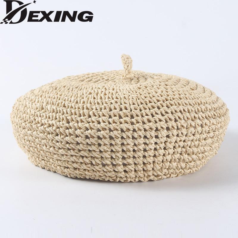 Estate Berretto Basco di Paglia Raffia Donna Traspirante Lavorato a Mano Tessuto Cappello di Paglia Retro Letterario Tinta Unita Pittore Cappello da Sole
